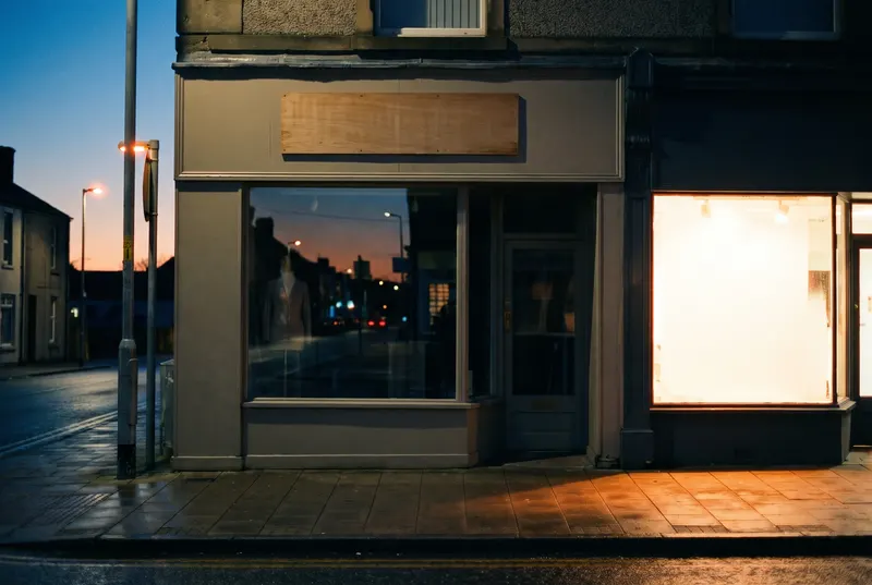 A shopfront at dusk with its sign unlit beside a lit neighbour