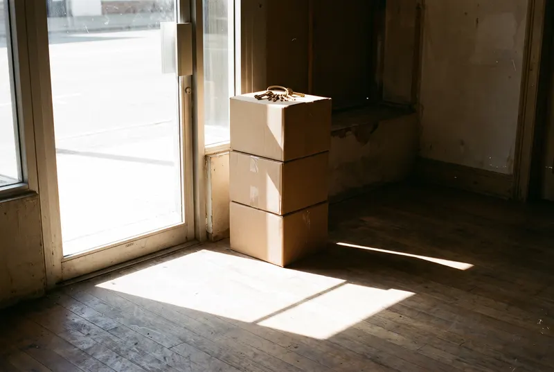 Boxes stacked inside a shop door, a ring of keys on top, sun across the floor