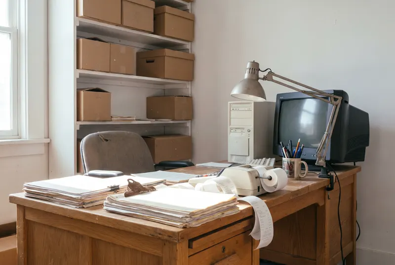 An old beige computer on a back-office desk beside a stack of invoices