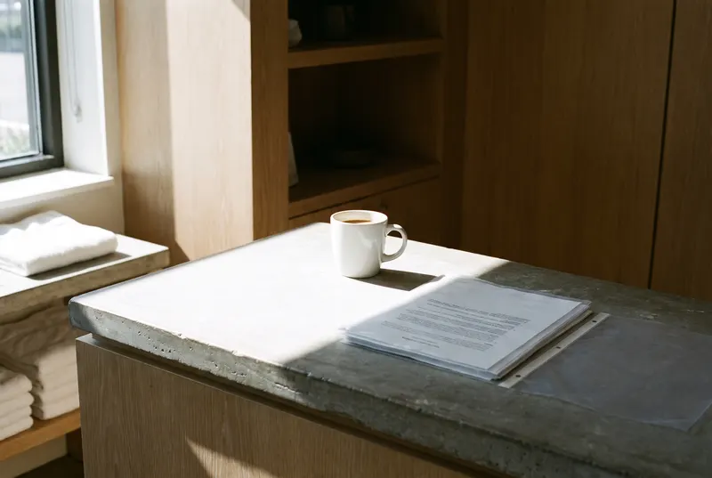 Unopened printed reports and a coffee cup on a spa reception counter